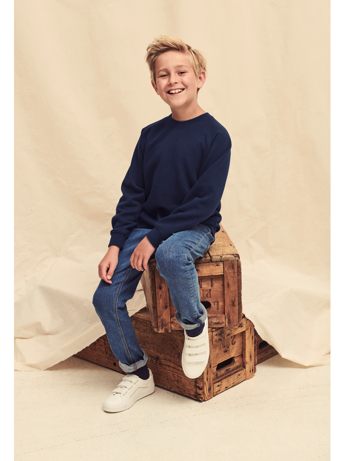 Felpa raglan bambino con fettuccia sul collo in single jersey e fascia in vita