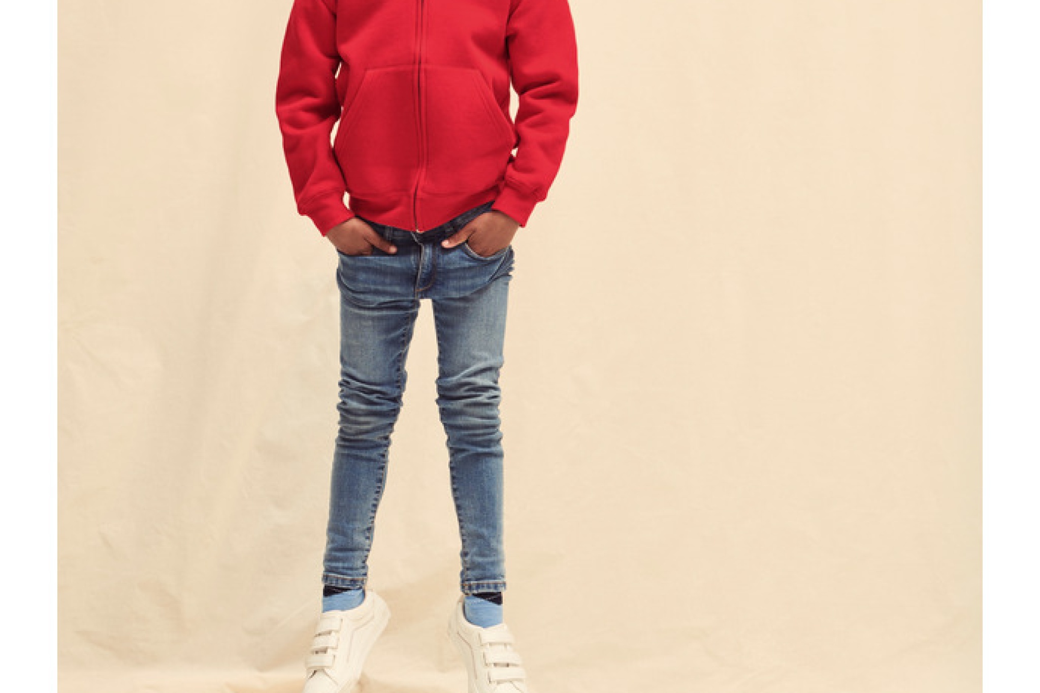 Felpa full zip + cappuccio bambino senza cordino, due tasche anteriori