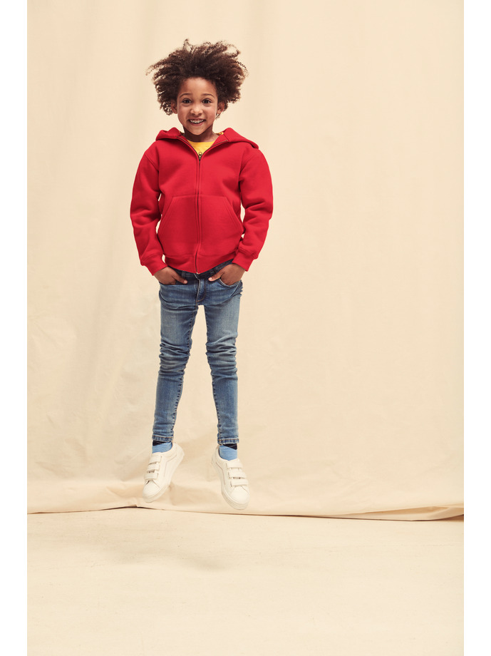 Felpa full zip + cappuccio bambino senza cordino, due tasche anteriori