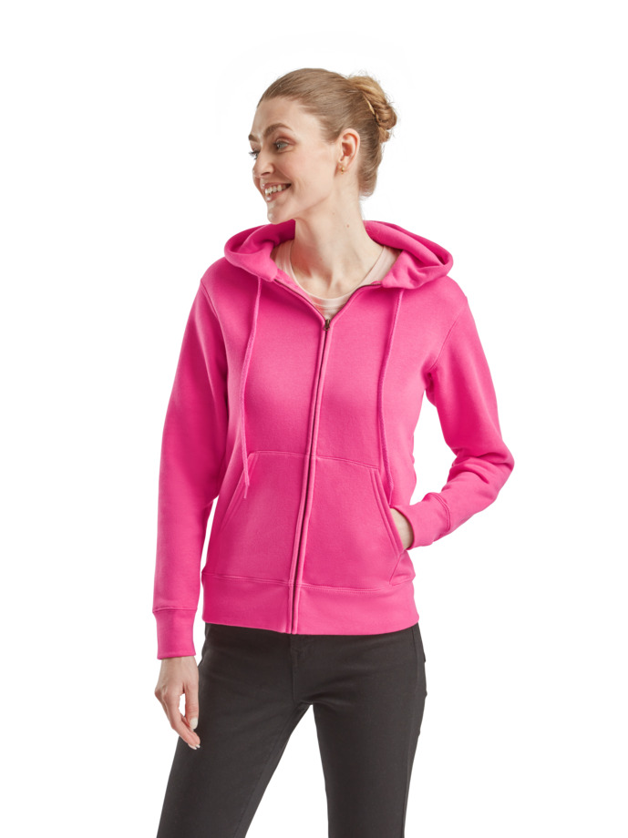 Felpa jacket con cappuccio donna, due tasche anteriori, taglio femminile con cuciture laterali sciancrate