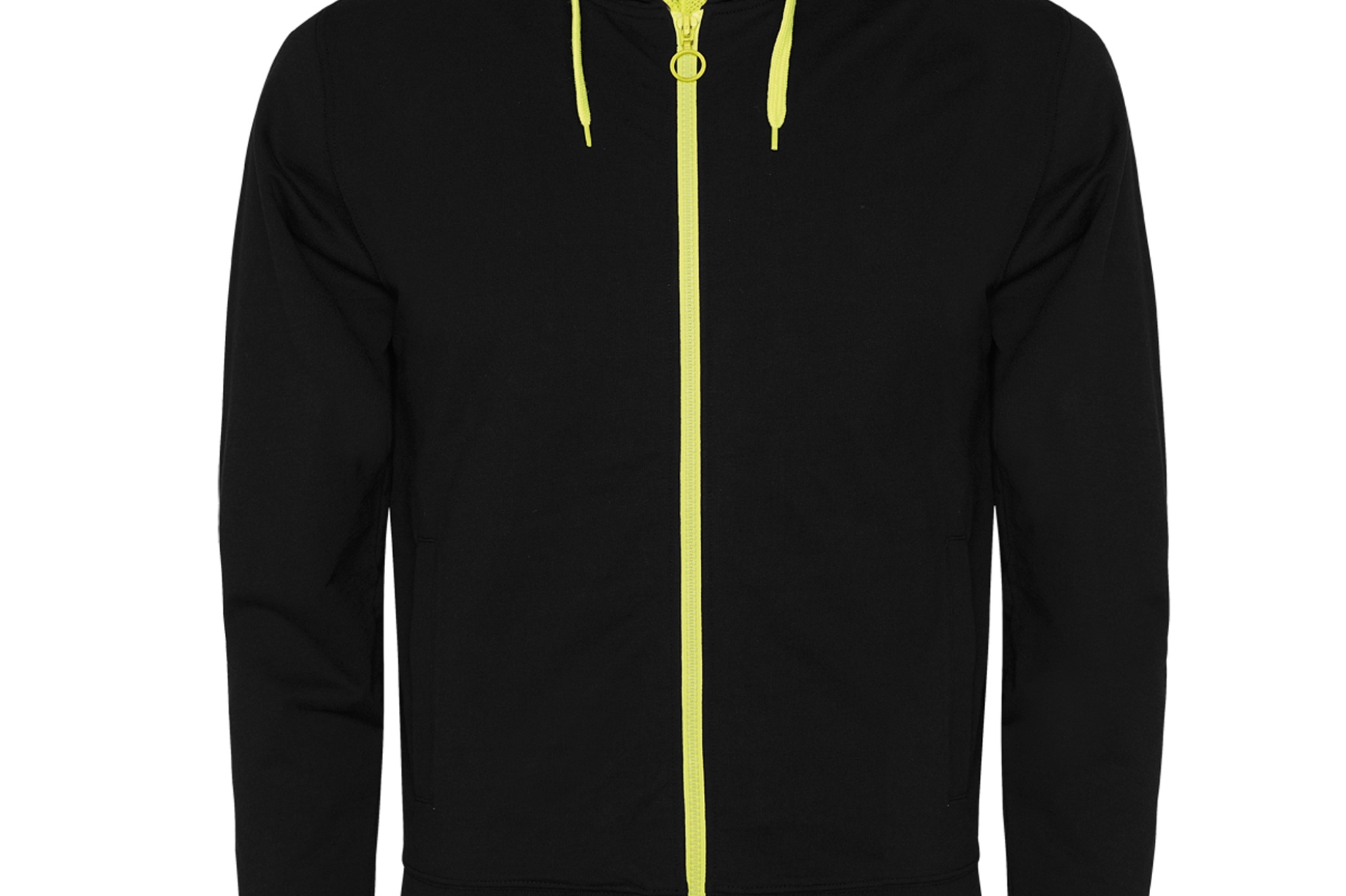 Giacca non felpata con particolari in colore fluorescente. Zip centrale con tiretto ad anello